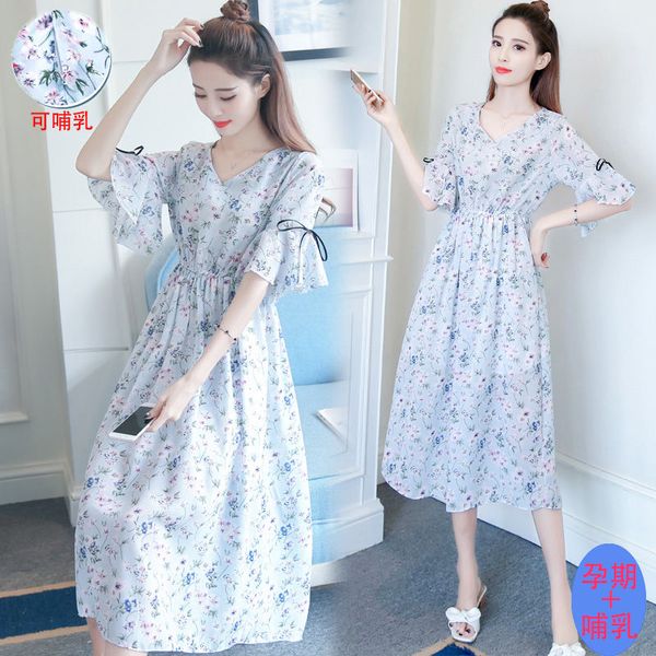 

maternity dress chiffon floral loose summer women pregnancy flare sleeve casual nursing breastfeeding high waist loose dresses, White