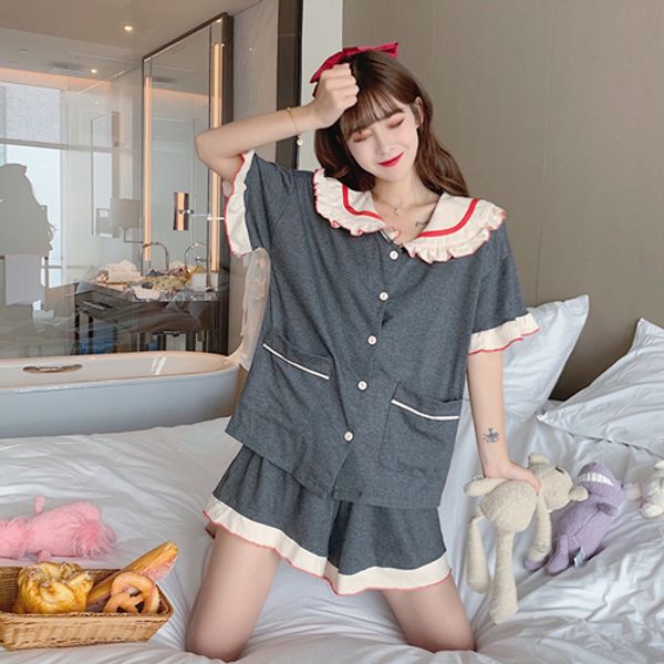 

2pcs homewaer female princess pyjamas short-sleeved pajamas chic shorts tracksuit women sleepwear loose pajamas pijamas set xq75, Black;red