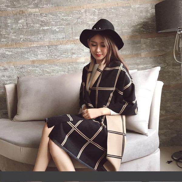 

designer scarf lunfeng thick long section warm cashmere tassel shawl dual-use lattice collar ladies christmas gift, Blue;gray