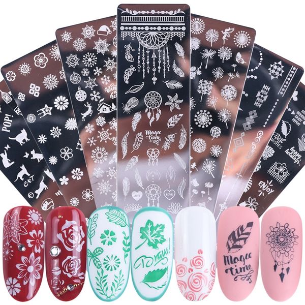 Nail Art Damgalama Plakaları Çıkartmalar Noel Kar Tanesi Yaprak Çiçekler Kelebek Kedi Çivi Damga Şablonları Şablonlar Tasarım Lehçe Manikür