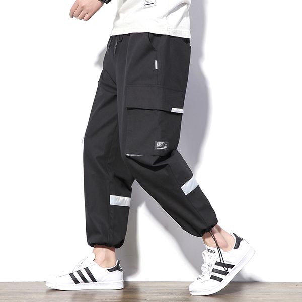 

harajuku camo cargo pants men 2019 summer autumn cotton tactical trouser men multi pockets streetwear harem pants pantalon homme, Black