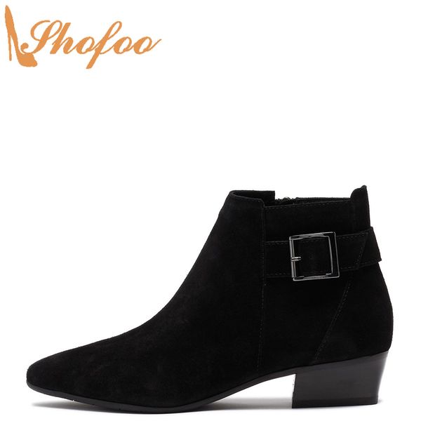

black ankle boots med chunky heels pointed toe woman booties zip large size 13 14 ladies fashion buckle mature shoes shofoo