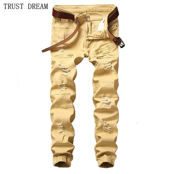 

europeans fashion man slim straight ankle jeans man crippled holes denim pants male male joggerropa hombre pantalones vaqueros, Blue