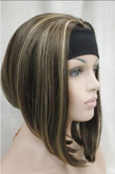Cute Bob 3 4 Wig With Headband Blonde Mix Medium Brown