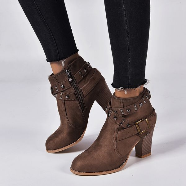 

wenyujh high heel women's boots and ankle buckle leopard rivet warm fashion retro pointed comfort 2019 winter new fashion trend, Black