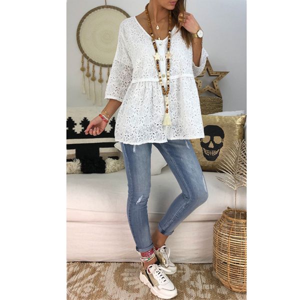 

2020 summer t-shirt casual loose short sleeve tshirts hollow out ladies new t shirt clothing solid lace woman clothes hot, White