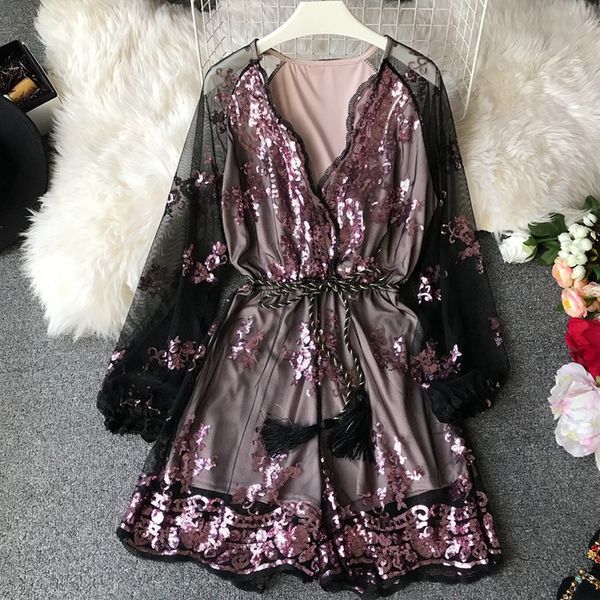 

2020 jumpsuit spring summer new bodysuits v-neck long sleeve sequin embroidery rompers temperament mesh gauze playsuits feminino, Black;white
