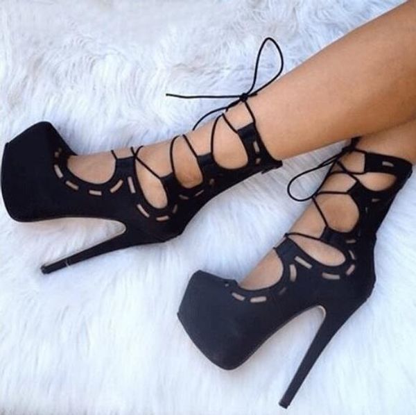 

moraima snc black suede high heel sandal boots super high platform lace-up ankle boots woman cutouts shoes