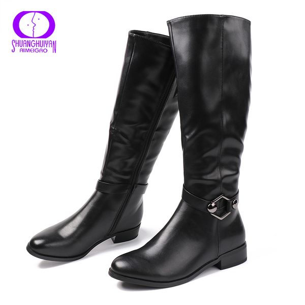 

aimeigao knee high autumn winter boots women warm fleece black long boots women zipper soft leather thigh high woman shoe