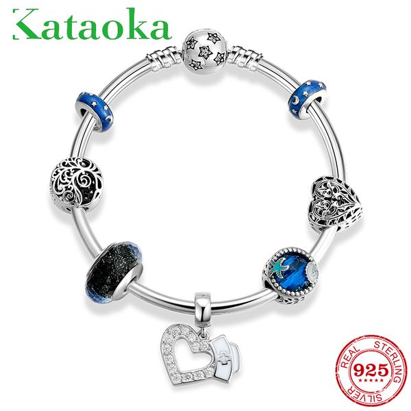 

hight quality 925 sterling silver nurse hat pendant and tree life bracelets for women diy gift fashion silver bracelets jewelry, Black