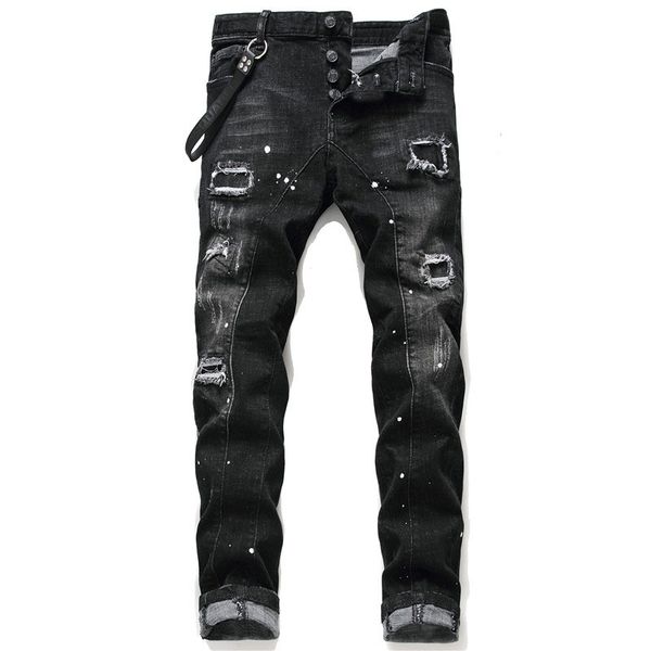 

unique mens distressed ripped blue skinny jeans fashion designer slim fit washed motocycle denim pants panelled hip hop biker trousers 1046