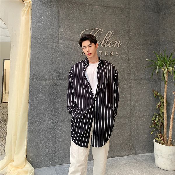 

mixcubic 2020 spring summer korean style r simple stripes shirts men black casual loose long section shirts for men,size -xxl, White;black