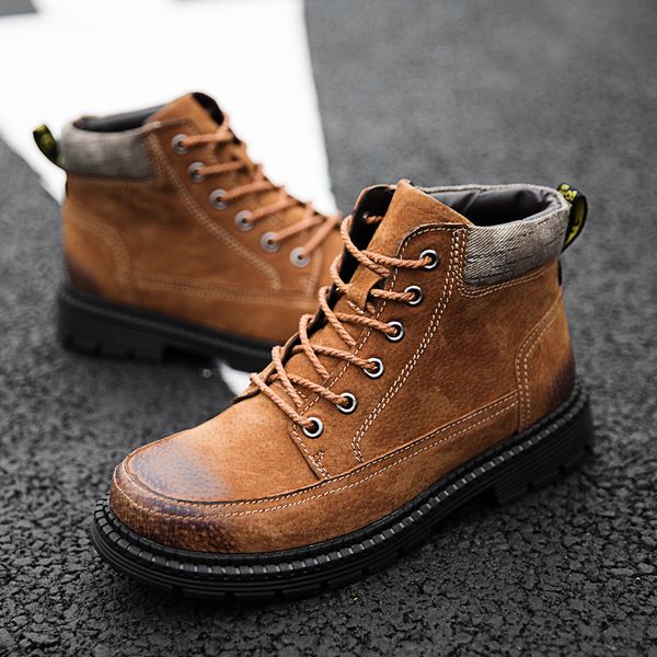

leather snow boots breathing solid color men snow boots big size winter shoes for man lace up martin shoes zy515, Black