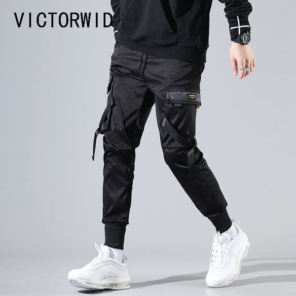 

victorwid лента пряжки мульти-карман гарем беговых брюк брюк streetwear 2020 мужских хип-хоп случайные товары спортивных брюк, Black