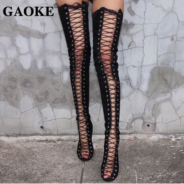 

faux suede long women boots over knee high women thigh high boots gladiator shoes woman lace up peep toe shoes, Black