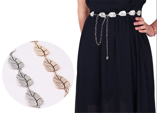

women metal leaves style belt chain straps waist belt fashion body chain rope gold silver, Black;brown