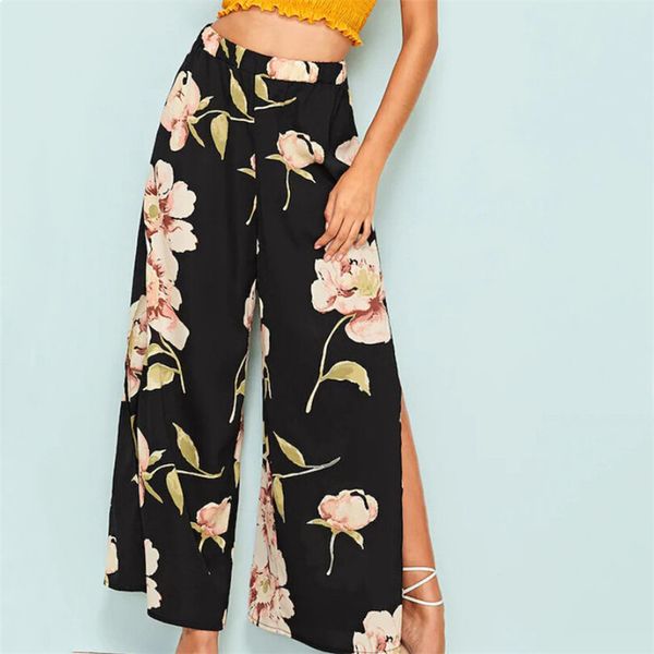 

women boho pants summer floral printed casual loose chiffon pants ladies split summer beach trousers high elastic waist trousers, Black;white