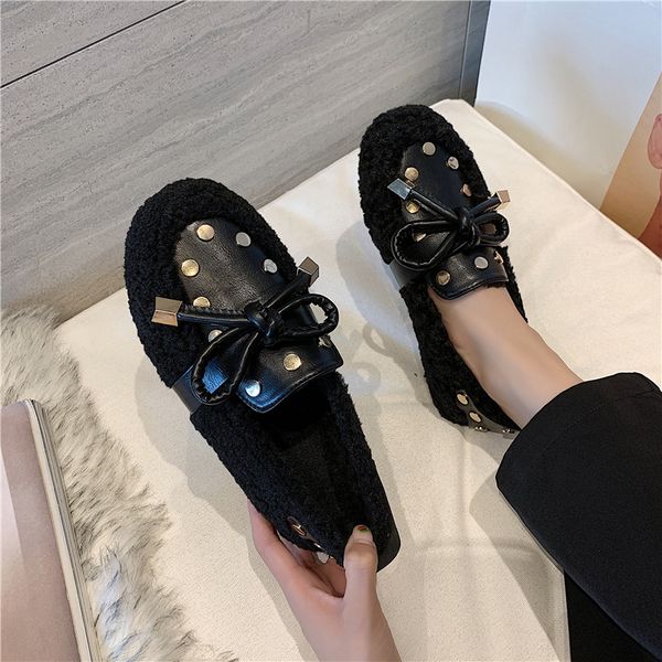 

mixed colors casual woman shoe women shoes 2019 round toe loafers fur modis female footwear bow-knot new comfortable cute, Black