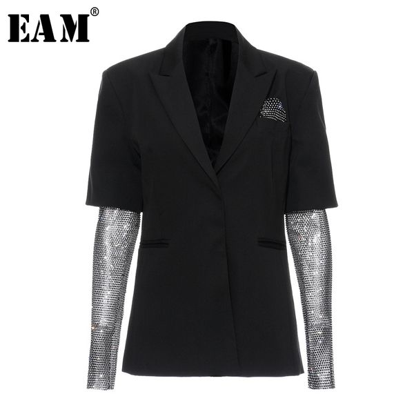 

eam] loose fit rhinestone blingbling spliced jacket new lapel long sleeve women coat fashion tide autumn winter 2019 jz199, Black;brown