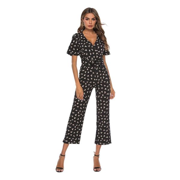 

flora printed womens designer jumpsuits fashion shorts sleeve summer one piece suits v neck jumpsuits, Black;white