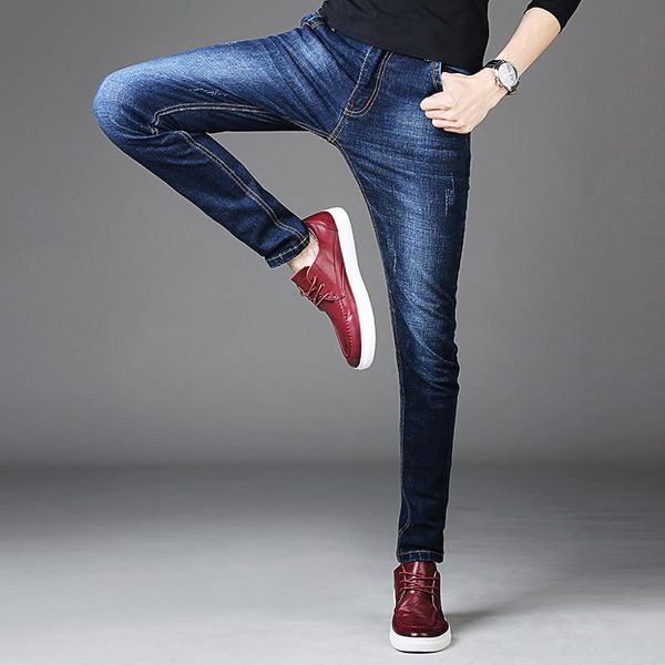 

мужские джинсы штаны корейский стиль синий мужские джинсы узкие man slim fit stretch брюки мужские твердые джинсовые брюки casual джинсы муж, Blue