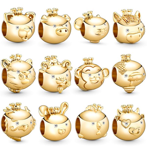 

2020 new 100% 925 sterling silver shining gold zodiac animal series charms fit diy women original beads bracelet diy fashion jewelry gift, Bronze;silver
