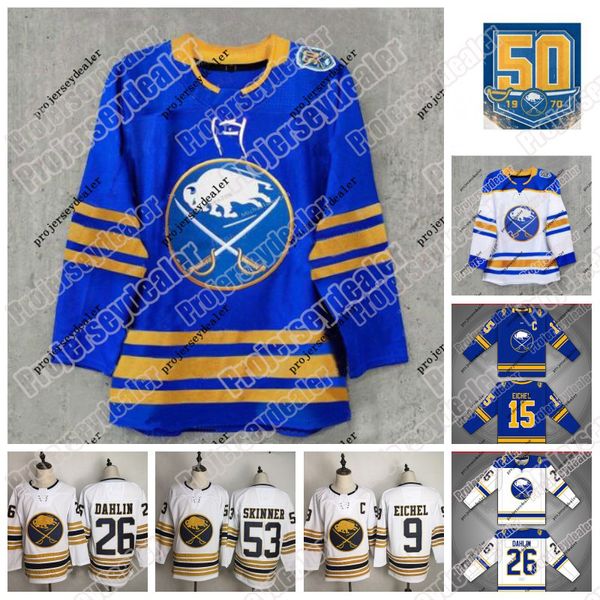 

Buffalo Sabres 2020 Royal Blue Golden 50th Season Jersey Jack Eichel Jeff Skinner Montour Rasmus Dahlin Rasmus Ristolainen Carter Hutton