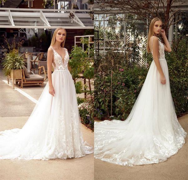 

elegant lace summer beach wedding dresses deep v neck backless wedding dress appliqued a line custom made vestidos de novia, White