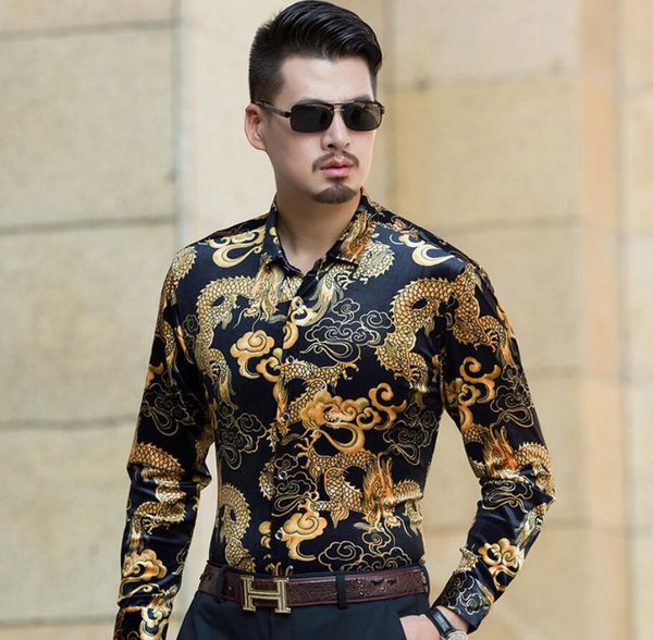 

men t shirt long sleeve chinese dragon print chain, White;black