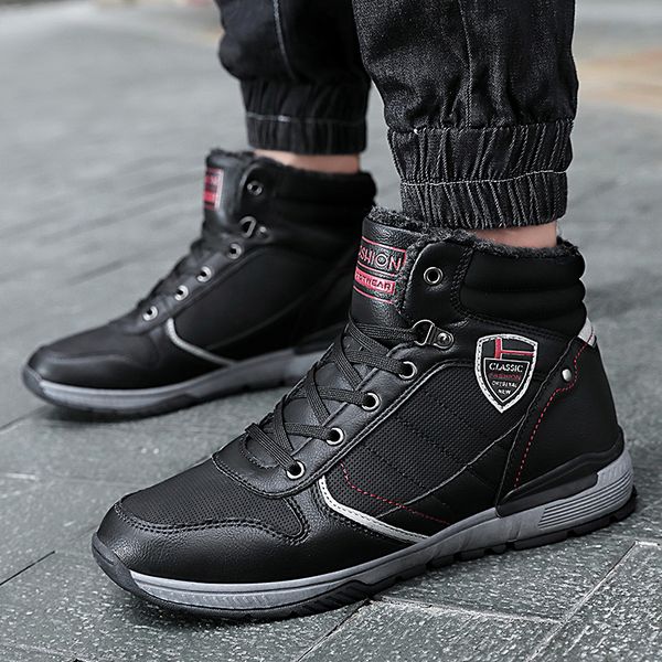 

plus size men's fashion warm fur snow boots soft leather tooling cotton winter shoes platform ankle boot zapatos de hombre botas, Black
