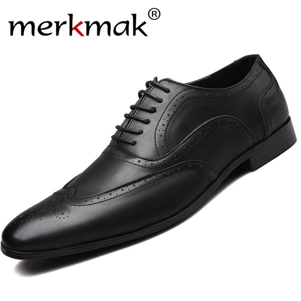 

merkmak retro bullock design men business formal shoes classic pointed toe leather shoes men lace-up oxford dress big size, Black
