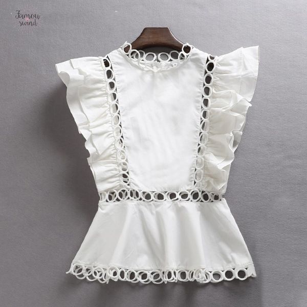 

blouse solid sleeveless shirt ruffles female hollow out patchwork tunic high waist for women summer fashion ol, White
