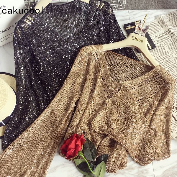 

cakucool new sequins shiny sweater long flare sleeve v neck hollow out gold lurex jumper slim thin sweater knit shirt femme, White;black