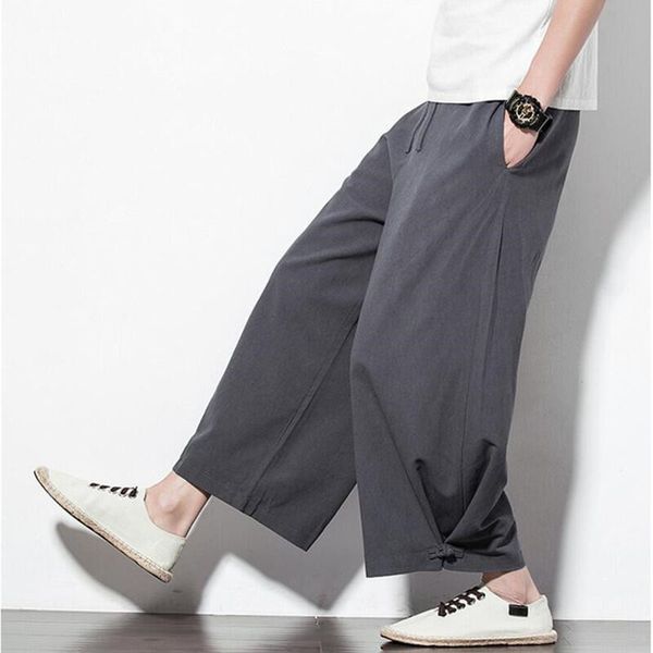 

2019 men cotton linen pants male traditional straight ankle length pants wide leg solid button trousers plus size m-7xl, Black