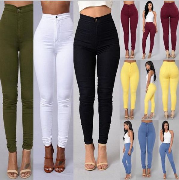 2019 Hot Pantaloni Jean elasticizzati a vita alta a sezione sottile, pantaloni attillati color caramello, pantaloni base da cowboy