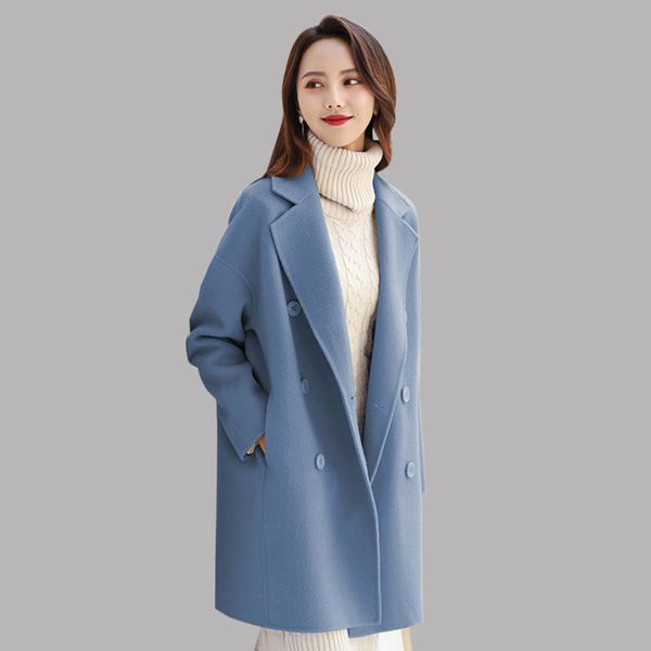 

2019 autumn new fashion long cashmere coats womens casual double breasted alpaca coats solid color wool blends female jacket, Black