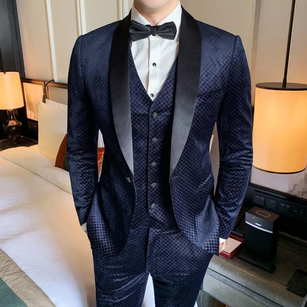 

velvet dress suits mens luxury suits 3 piece blue tuxedo dinner party dress mens elegant smoking para hombre vestito uomo, White;black