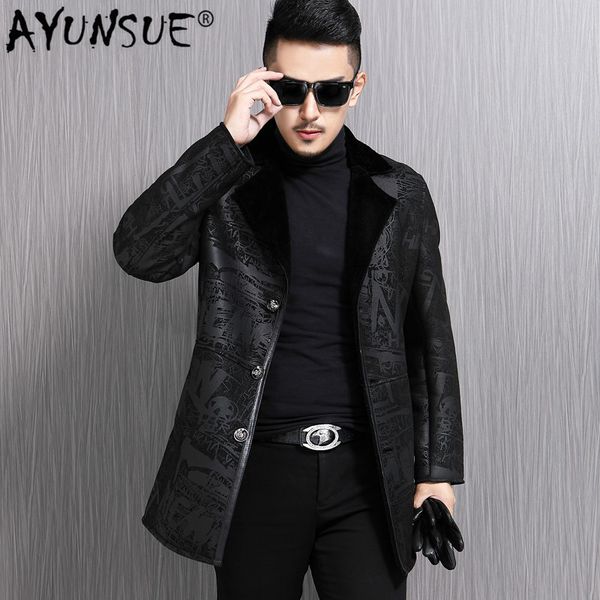 

ayunsue подлинной куртки куртка мужчина зима дубленка мужской real шерсть подкладка slim fit chaqueta cuero hombre 17l-105 kj3849, Black