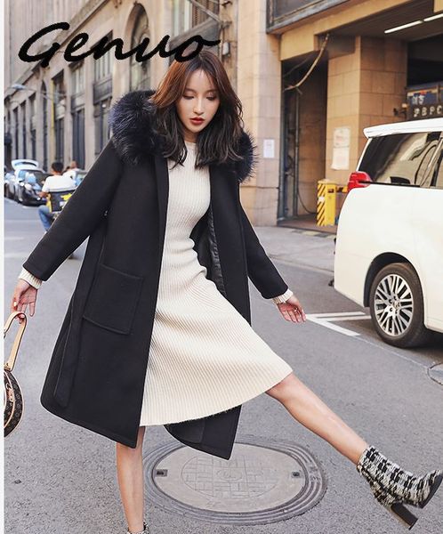 

genuo special offer middle-aged self-cultivation women's winter coat long woolen coat solid color fur collar cashmere jq01, Black