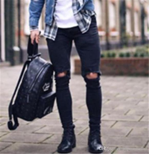 

european american mens jeans fashion designer button zipper fly mid waist black ripped jeans fashion street mens jeans, Blue