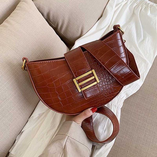 

vintage crocodile saddle bags for women messenger bag pu leather solid color wide strap ladies shoulder crossbody bag sac