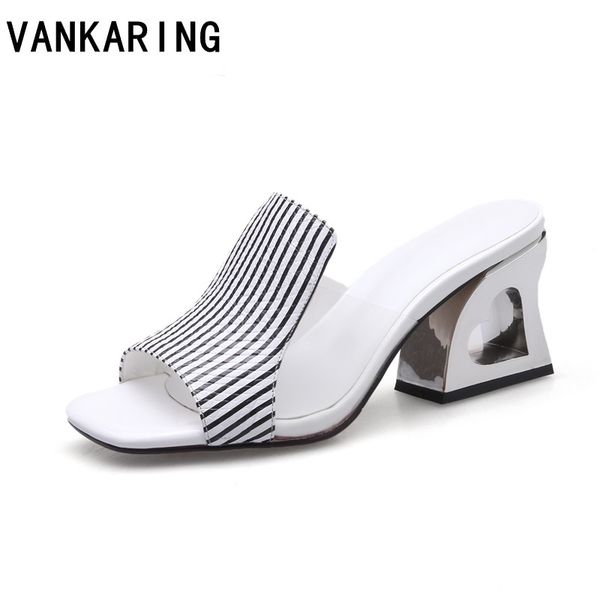 

women print stripe leather sandals square heel fashion summer slip-on cozy slippers lady sandals women casual dress shoes woman, Black