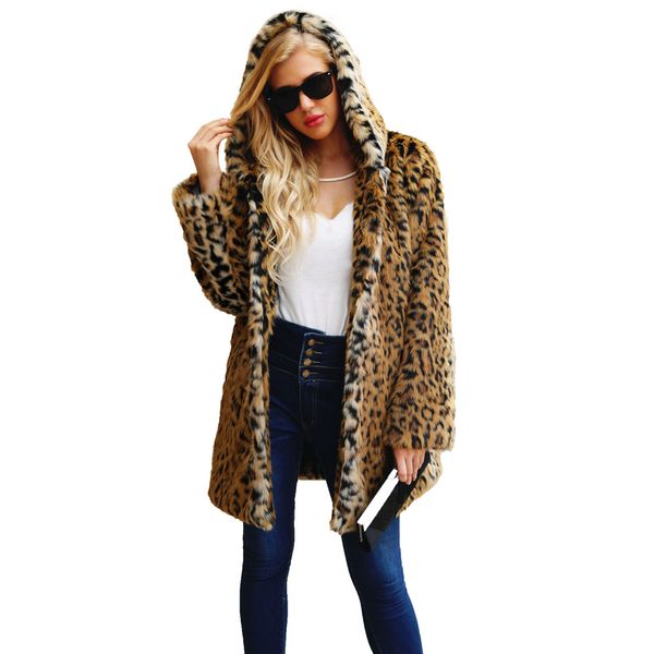 

fashion women winter hooded warm leopard print faux fur coat large size female jacket parka outerwear manteau femme s~3xl, Black