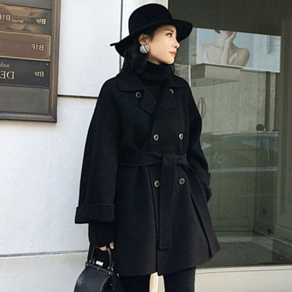 

korea 2020 anti-season clearance woolen coat in the long paragraph new lapel double-breasted solid color woolen coat 19b-a620, Black
