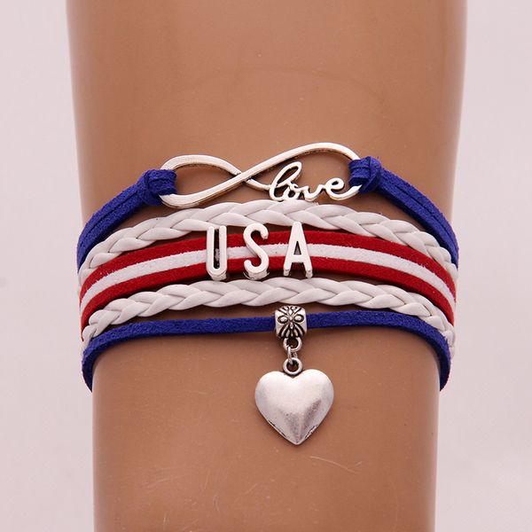 

infinity love usa bracelets bangles heart charm braided pu leather bracelet classical jewelry for women men drop shipping, Golden;silver