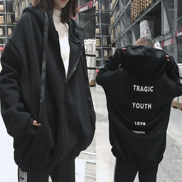 

autumn winter women oversized hoodies korean letter zipper loose hooded sweatshirt coat fleece warm 1, Black
