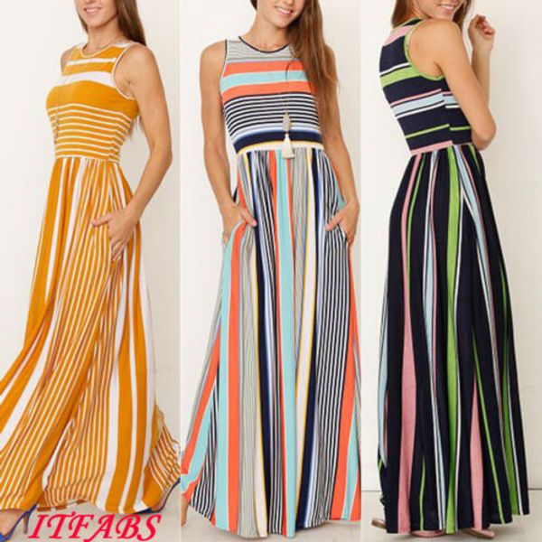 

fashion stripe long maxi dress women lady loose o-neck sleeveless dress shirt casual beach shirt plus size s-2xl, Black;gray