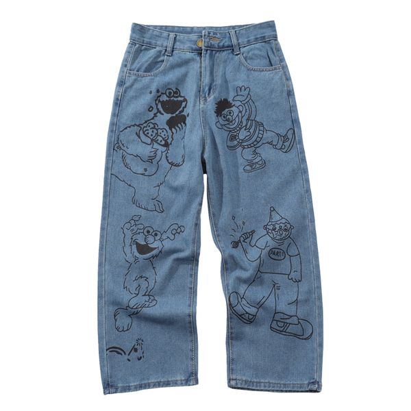 

women's jeans summer harajuku fashion design women full length zipper cartoon bears straight pants femme denim trouser high quality, Blue