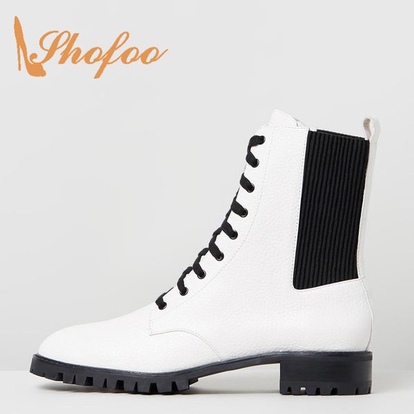 

shofoo white black mixed colors med heels pointed toe boots woman large size 11 15 for ladies spring fall lace-up shoes fashion