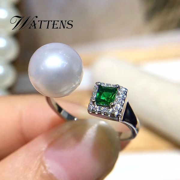 

925 sterling silver ring natural pearl ring women white black pearls green zircon bohemian wedding party accessories gift, Golden;silver